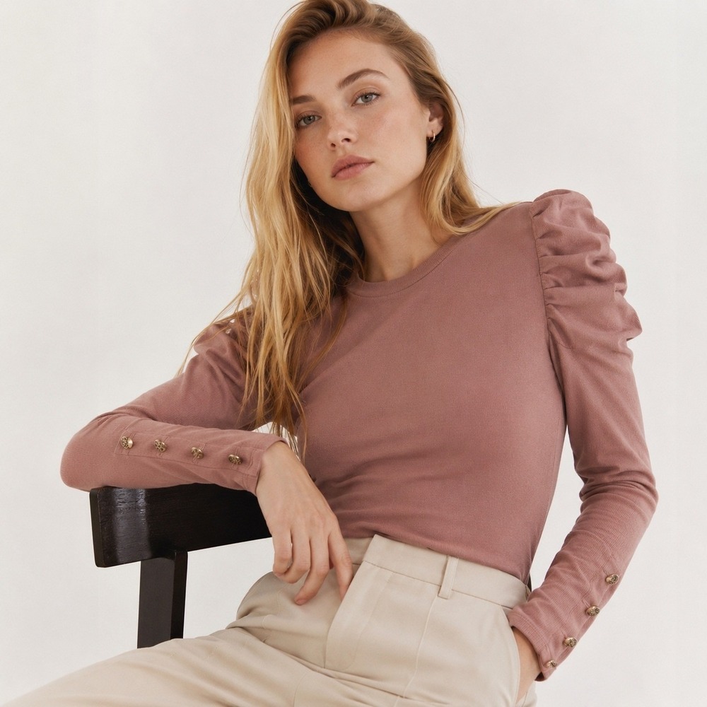 Ruched Puff Sleeve Rib Knit Top Mauve Button Cuff Casual Cottagecore S